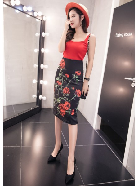 Women Skirts Summer Print Flowers Pencil Skirt Casual Skirts
