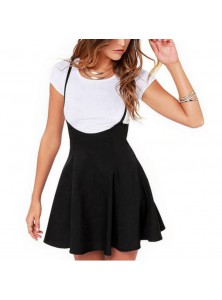 Women Black Skirt with Shoulder Straps Pleated Skirt Suspender Skirts High Waist Mini School Skirt