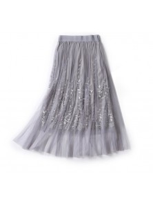 High Quality Elegant Tulle Long Pleated Skirt Women 2018 Summer floral Embroidery A-line tutu Lace mesh Skirt Women midi skirt