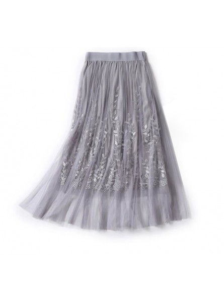High Quality Elegant Tulle Long Pleated Skirt Women 2018 Summer floral Embroidery A-line tutu Lace mesh Skirt Women midi skirt