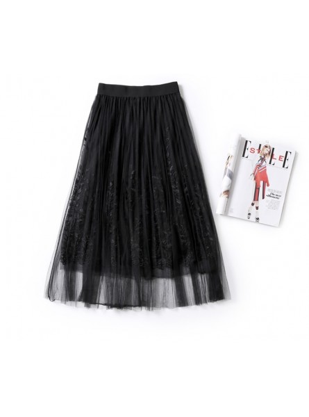 High Quality Elegant Tulle Long Pleated Skirt Women 2018 Summer floral Embroidery A-line tutu Lace mesh Skirt Women midi skirt