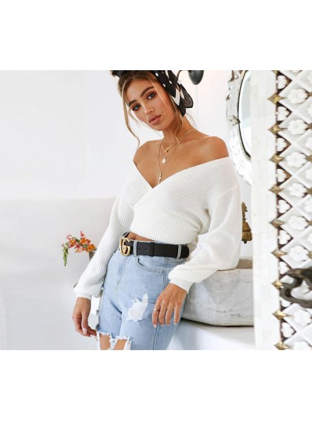 Off Shoulder V Neck White Sweaters Women 2018 Autumn New Back Bow Lantern Sleeve Sexy Slim Crop Tops Solid Streetwear