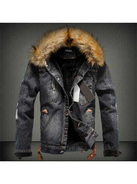 Mens Denim Jacket with Fur Collar Retro Ripped Fleece Jeans Jacket and Coat for Autumn Winter