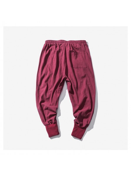 Japanese cotton flaxen trousers ankle banded pants men loose harem Chinese style large bloomers linen knickerbockers