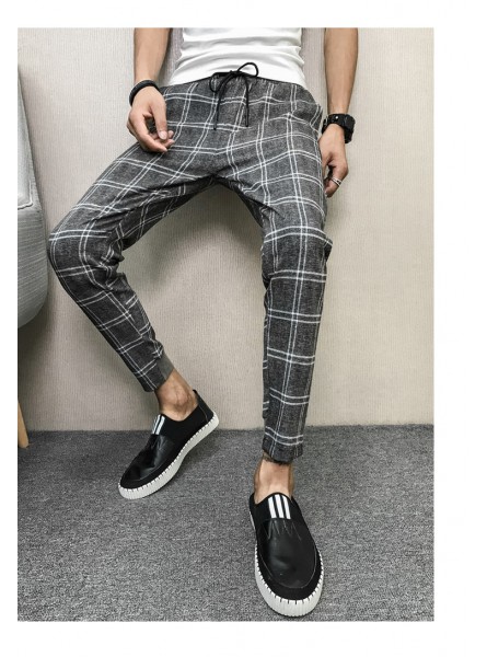 Korean Brand New Summer Plaid Men Pants Slim Fit Casual Drawstring Harem Pants All Match Streetwear Trousers Men Clothes