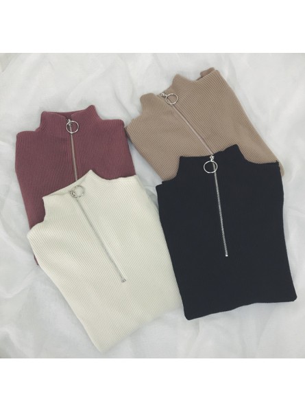 Zipper Turtleneck Solid Women Sweater Skinny Elastic Knitted Full Sleeve Pullover