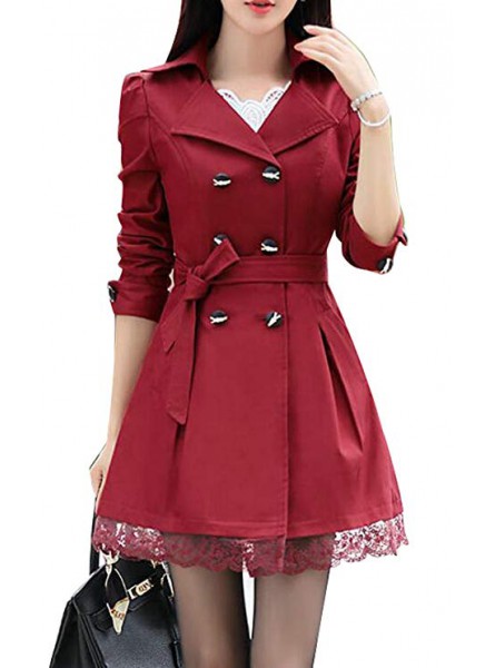 Women Mid Long Double-Breasted Lace Trim Elegant Jacket Trenchcoat