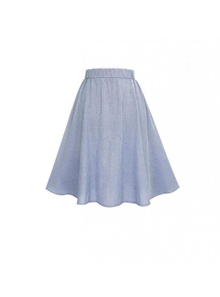 Womens Thin Denim Cotton Elastic Waist Skirts Casual Ankle Length Flared A-Line Pleated Long Skirts