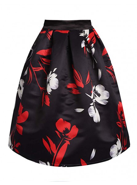 Women's Vintage Floral Print High Waist A-Line Pleated Midi Skirts