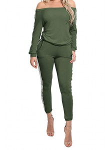 Womens Off Shoulder Two Piece Tracksuit Outfits Jumpsuits Sweatsuit Set