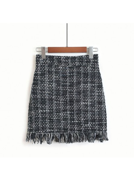 Women Woolen Mini Skirt Autumn Winter Vintage Straight Plaid Tassel Skater Skirt