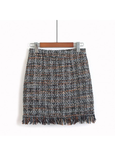 Women Woolen Mini Skirt Autumn Winter Vintage Straight Plaid Tassel Skater Skirt